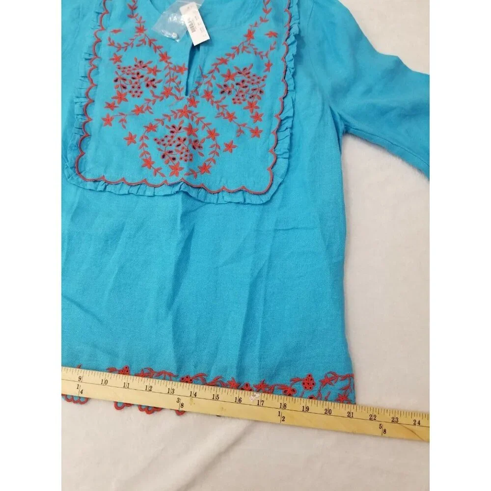 J. Crew Women's Size S Tunic Blouse Top Blue Embroidered Linen Relaxed Fit 30